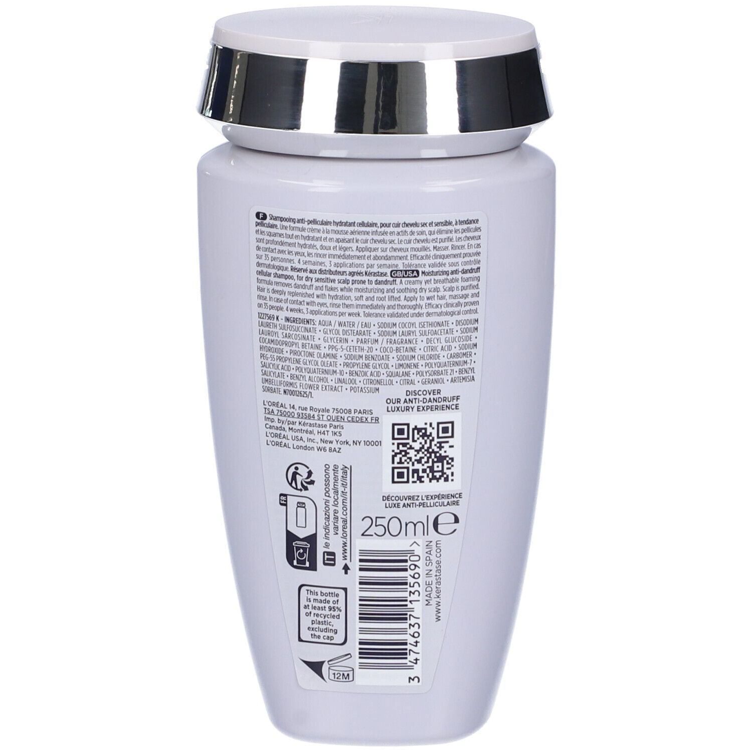Retro del flacone di shampoo Kérastase. Flacone bianco con testo. Indicazione 250ml. Codice QR e simbolo di riciclaggio.