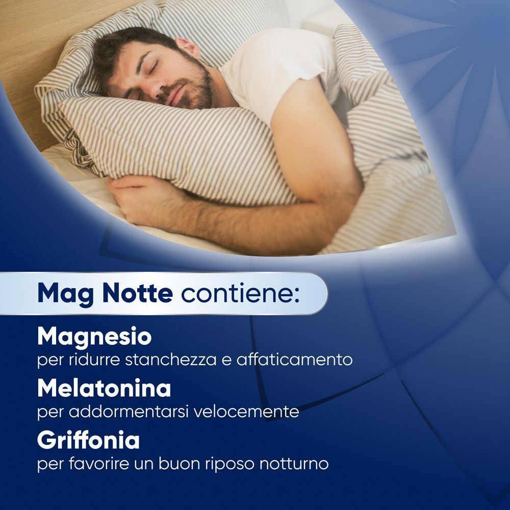 Uomo dorme serenamente. Mag Notte contiene Magnesio, Melatonina e Griffonia per rilassamento.