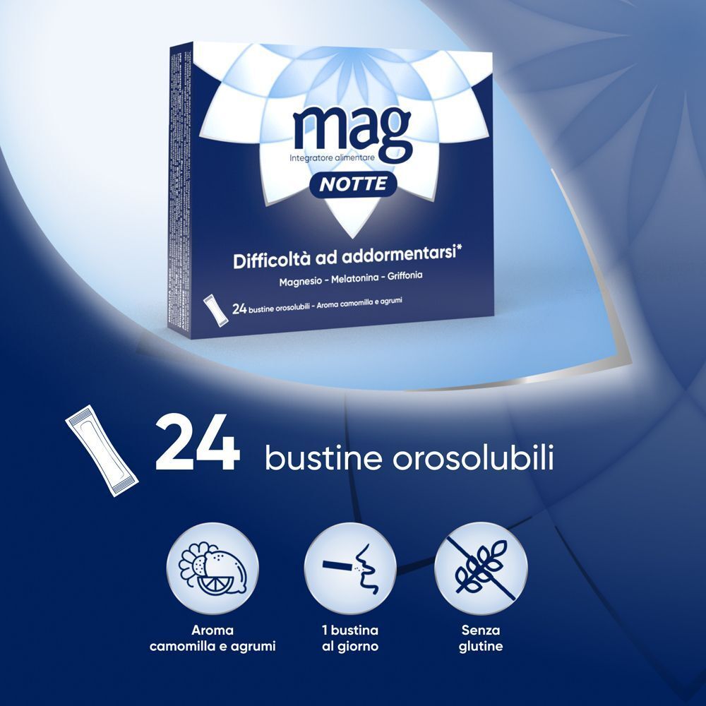 Mag Notte: 24 bustine. Aroma camomilla e agrumi. 1 bustina al giorno. Senza glutine.