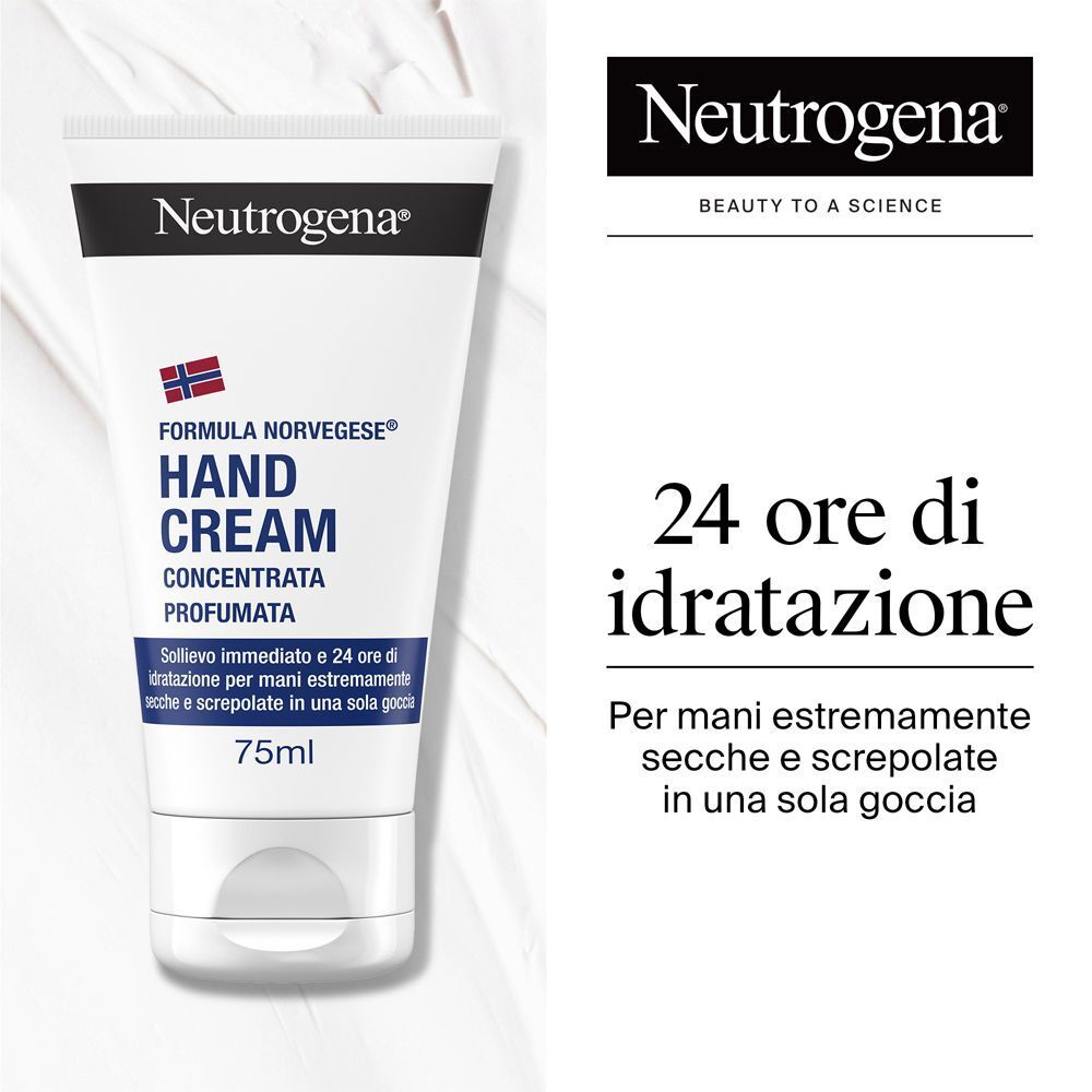 Un tubo di crema mani con bandiera norvegese e testo su 24 ore di idratazione.
