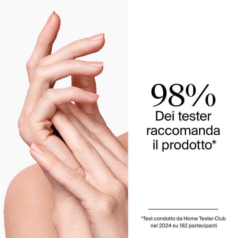 Mani che si toccano, con testo che indica il 98% dei tester raccomanda il prodotto.