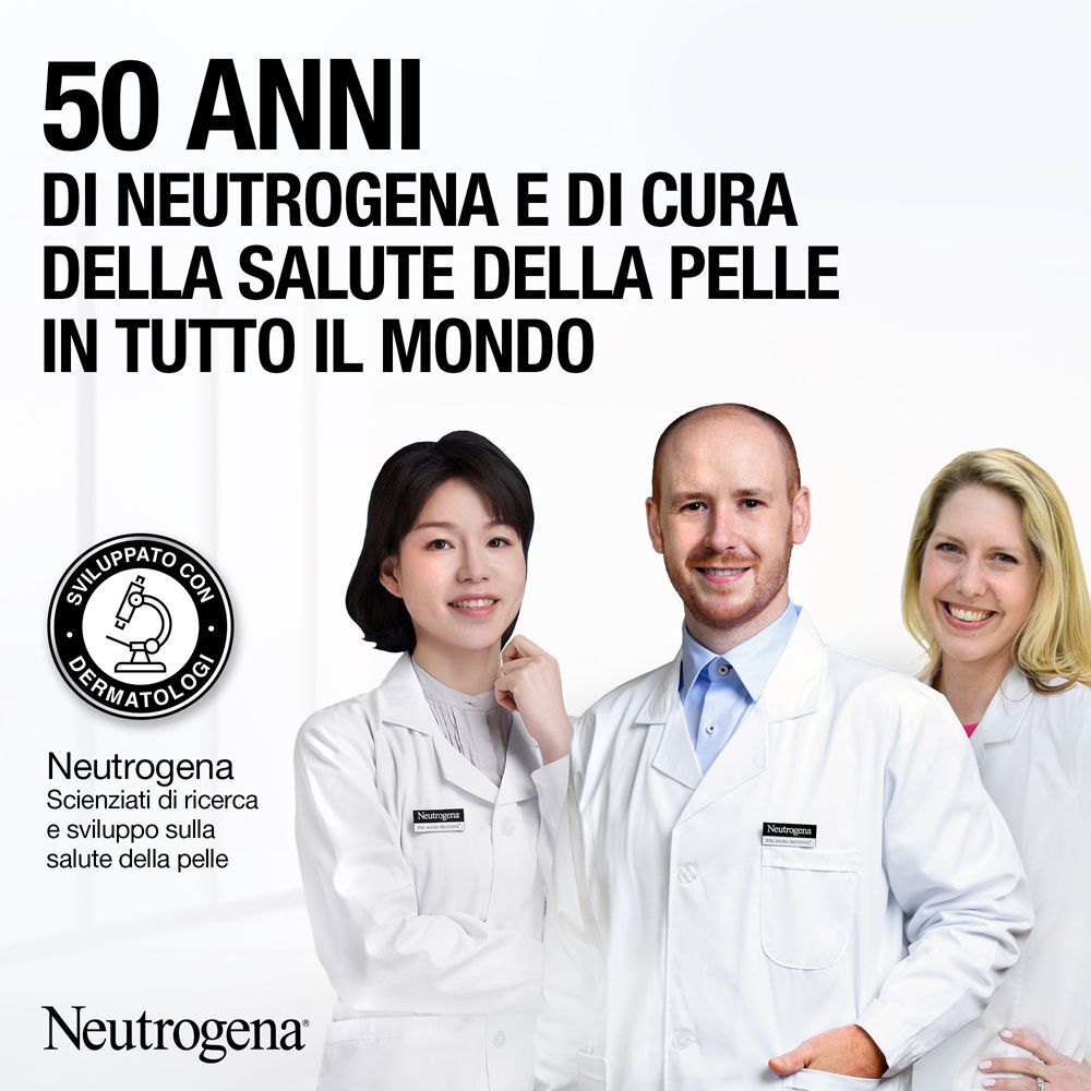 Tre dermatologi sorridenti, con testo su 50 anni di Neutrogena e salute della pelle.