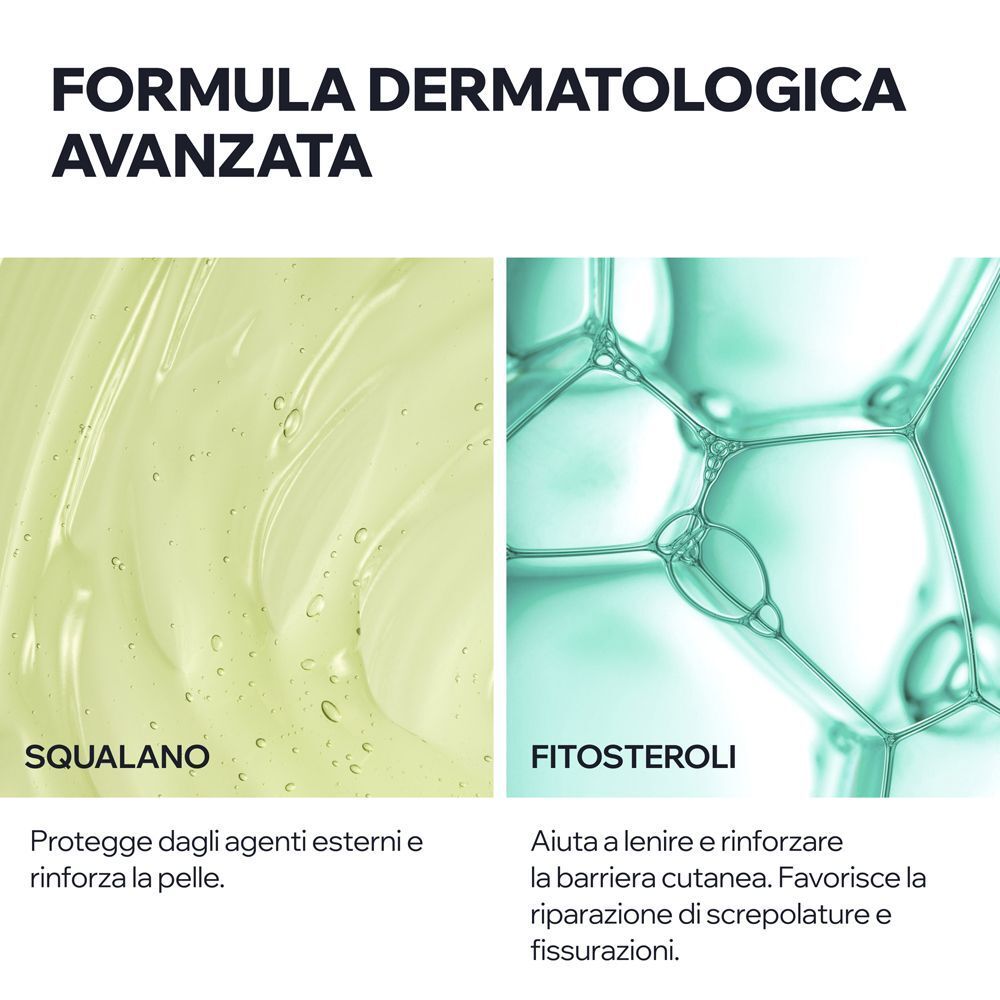 Formula dermatologica avanzata con squalano e fitosteroli per la pelle.