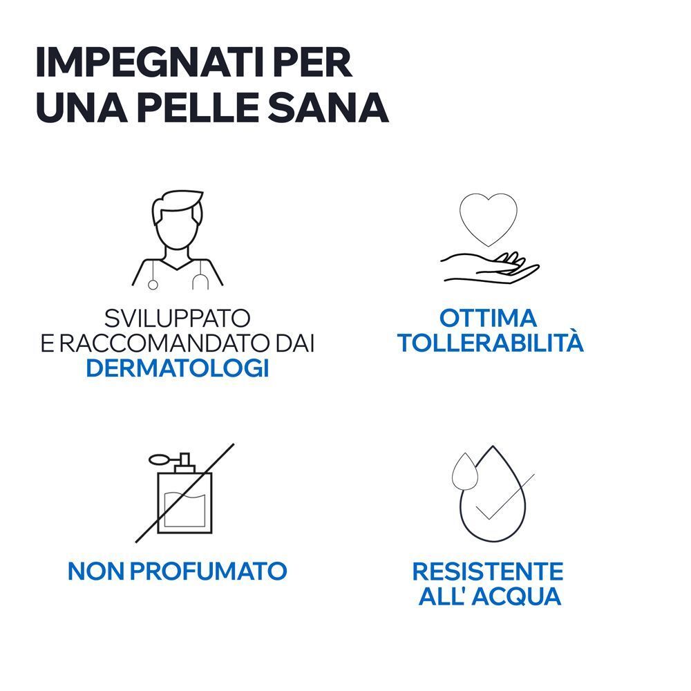 Tre icone: medico, cuore in mano, occhio. Testo: "Impegnati per una pelle sana".