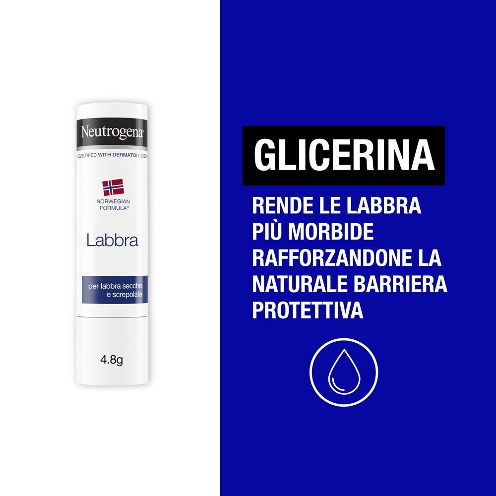 Stick balsamo labbra Neutrogena con glicerina per labbra più morbide e protette.