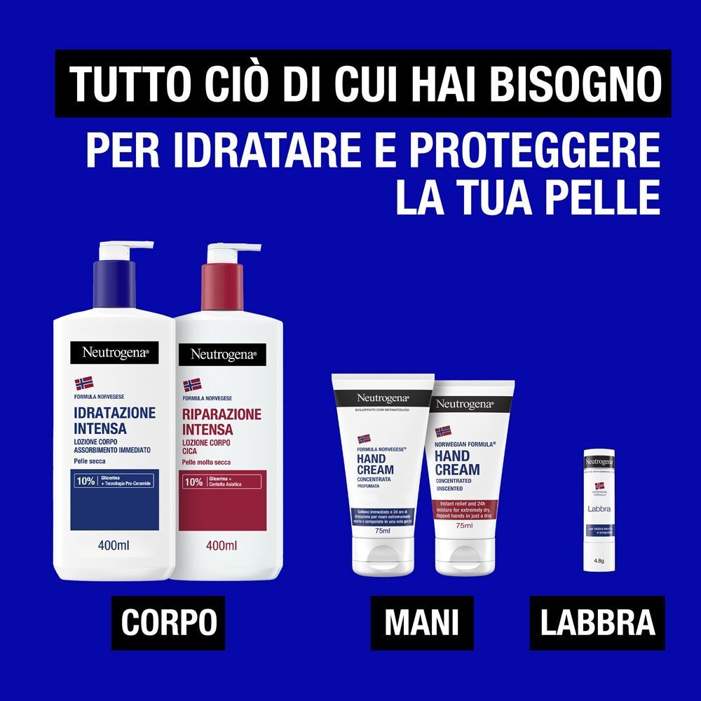Prodotti per la cura del corpo Neutrogena: lozioni, crema mani e balsamo labbra.