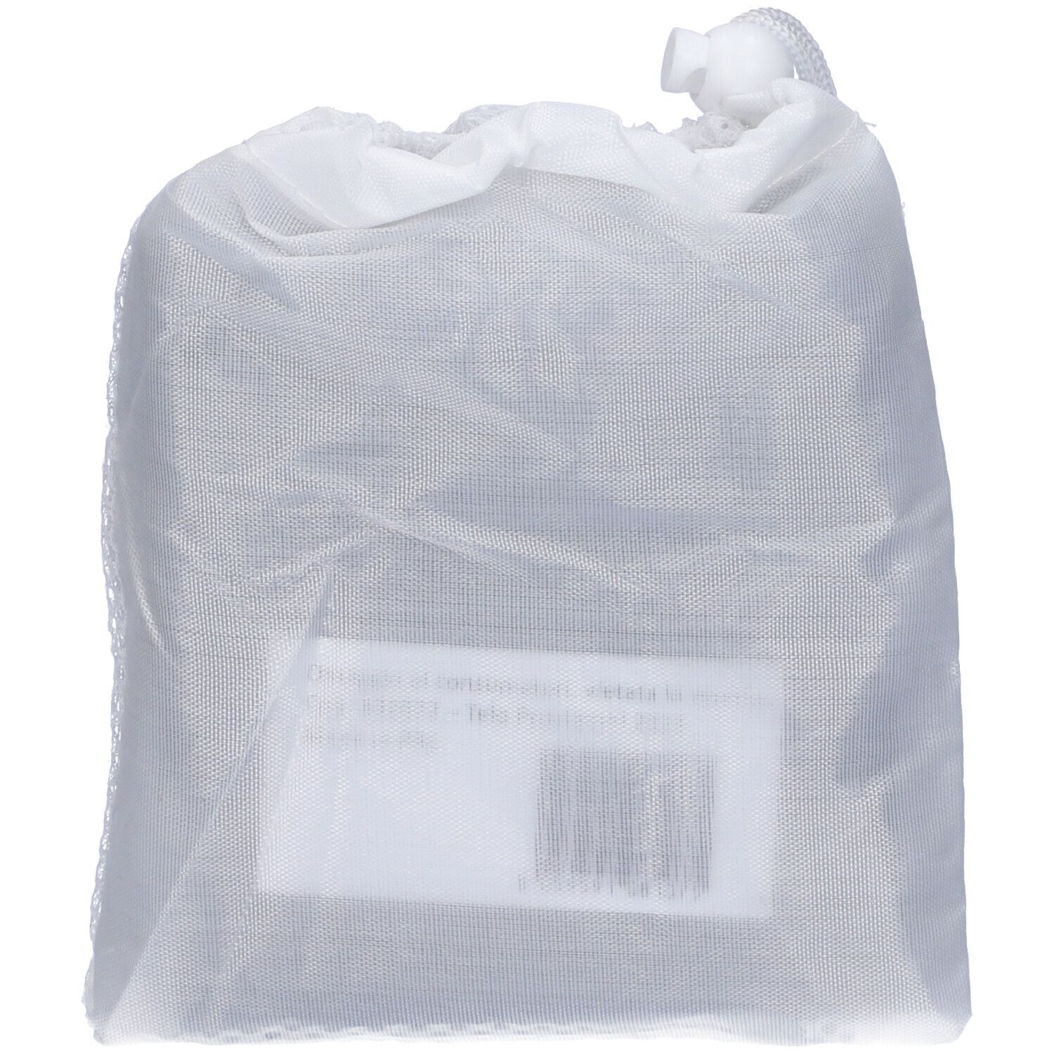 Sacchetto bianco con prodotto. Etichetta con codice a barre e testo. Chiusura a coulisse.