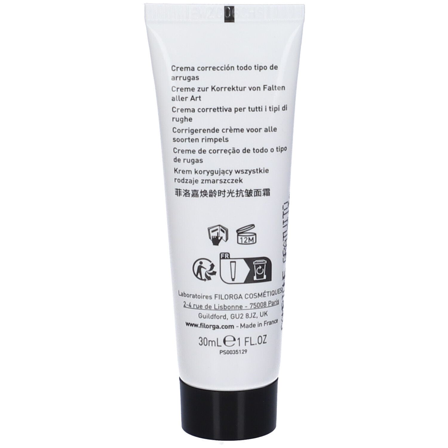 Retro del tubo. Testo multilingue: Creme correction todo tipo de arrugas, Creme zur Korrektur von Falten aller Art, etc. 30ml, 1 FL.OZ.
