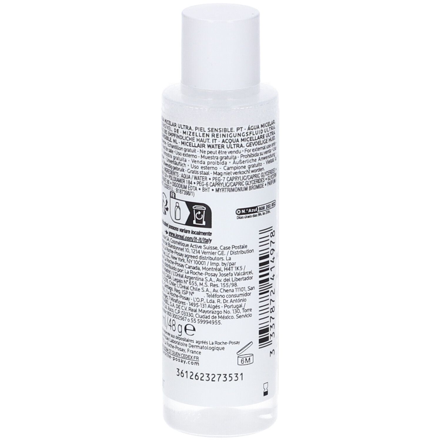 Vista posteriore del flacone. Testo e codice a barre. Nome prodotto: Eau Micellaire Ultra. Ingredienti e informazioni produttore.