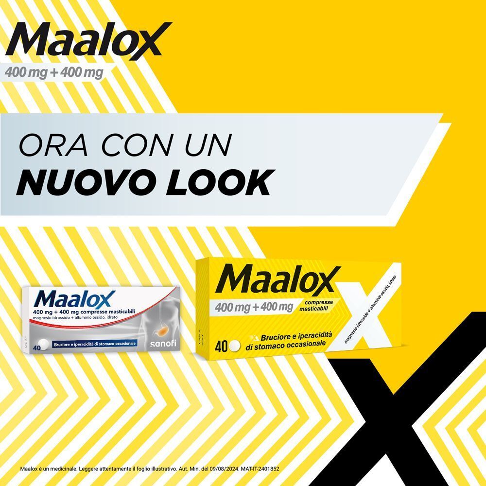 Confezione Maalox da 40 compresse masticabili e una confezione più piccola. Nuovo look.