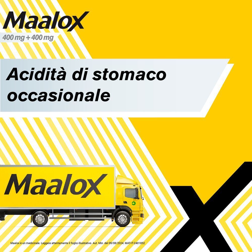 Compresse masticabili Maalox 400+400 mg e un camion Maalox. Contro l'acidità di stomaco occasionale.