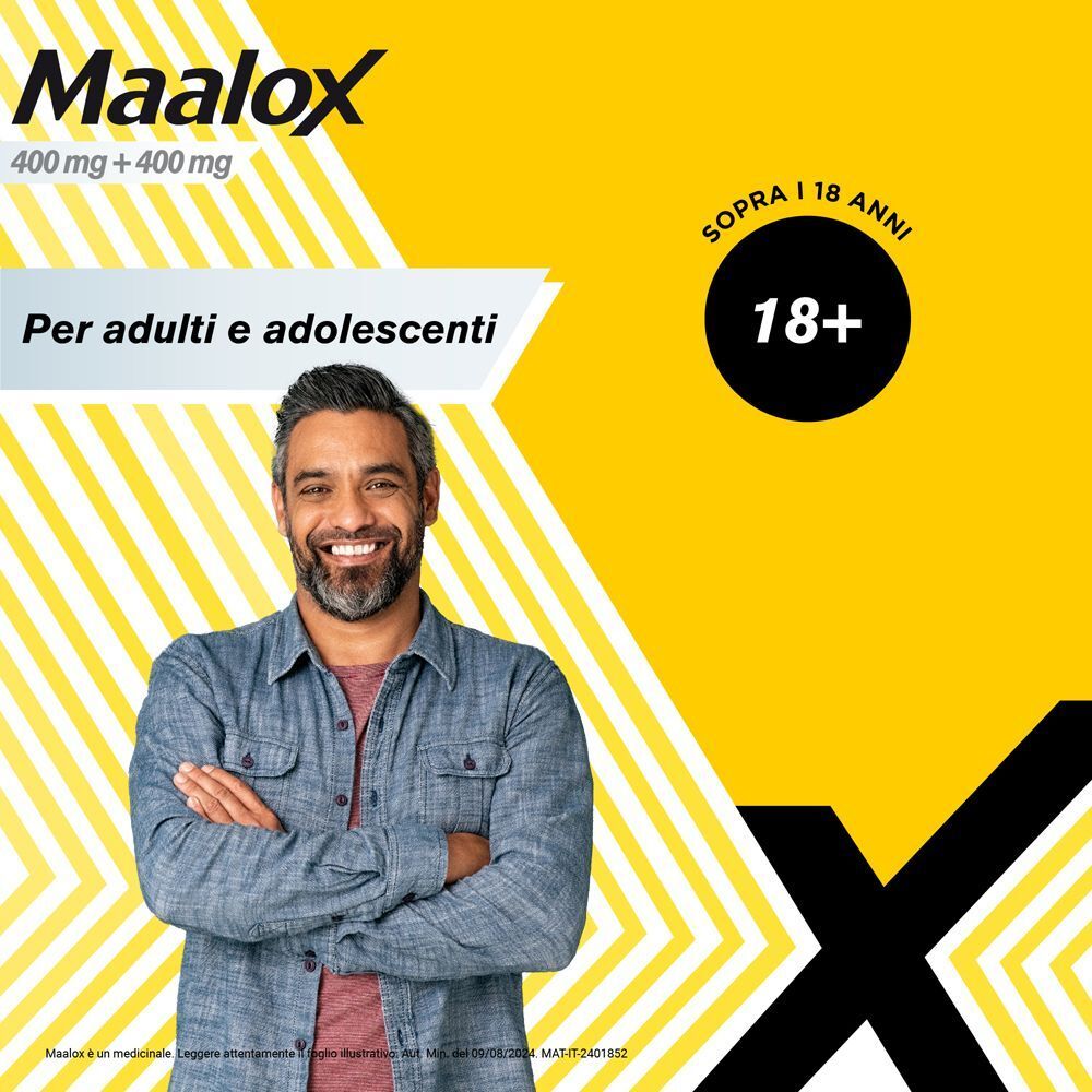 Maalox 400+400 mg per adulti e adolescenti dai 18 anni in su. Un uomo sorride.