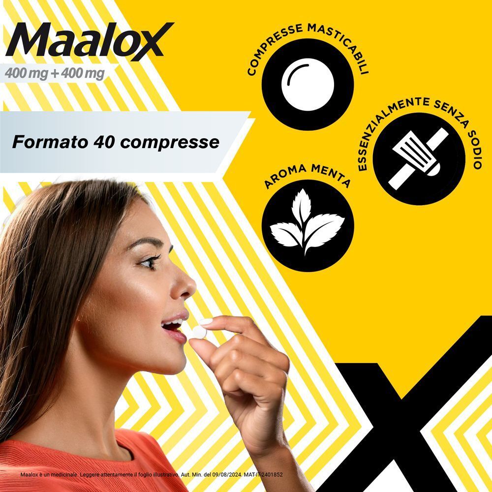 Maalox 400+400 mg, 40 compresse masticabili. Aroma menta. Donna prende una compressa.