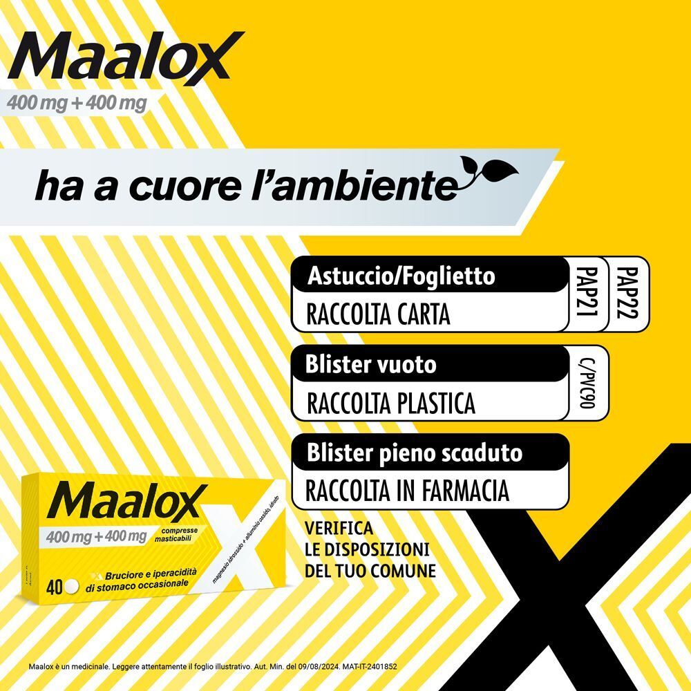 Confezione Maalox 400+400 mg. Indicazioni per lo smaltimento degli imballaggi.