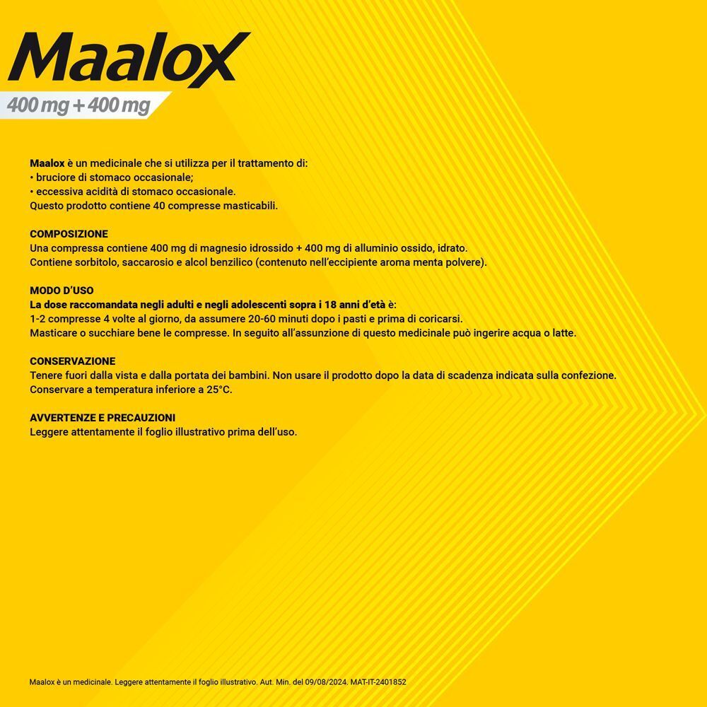 Confezione Maalox da 40 compresse masticabili. Informazioni su composizione e uso.