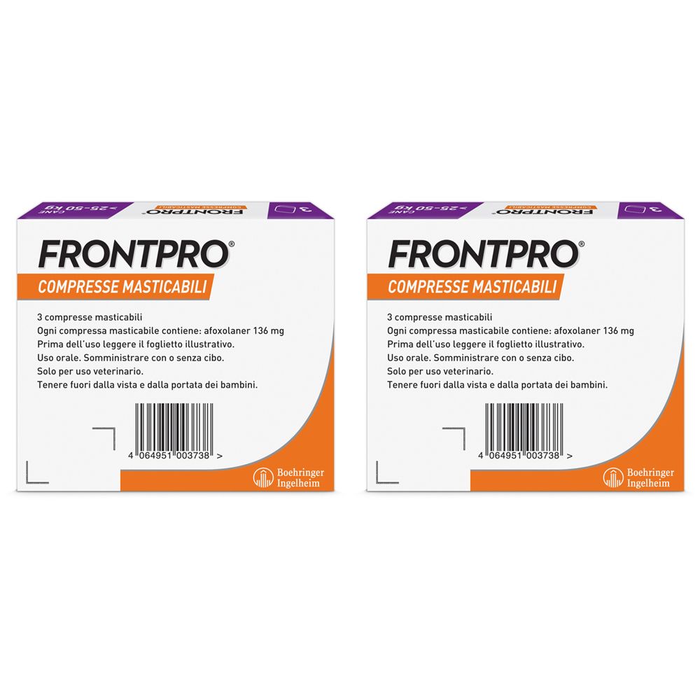 Due confezioni di FRONTPRO, compresse masticabili. Vista frontale con nome del prodotto, ingredienti e informazioni.