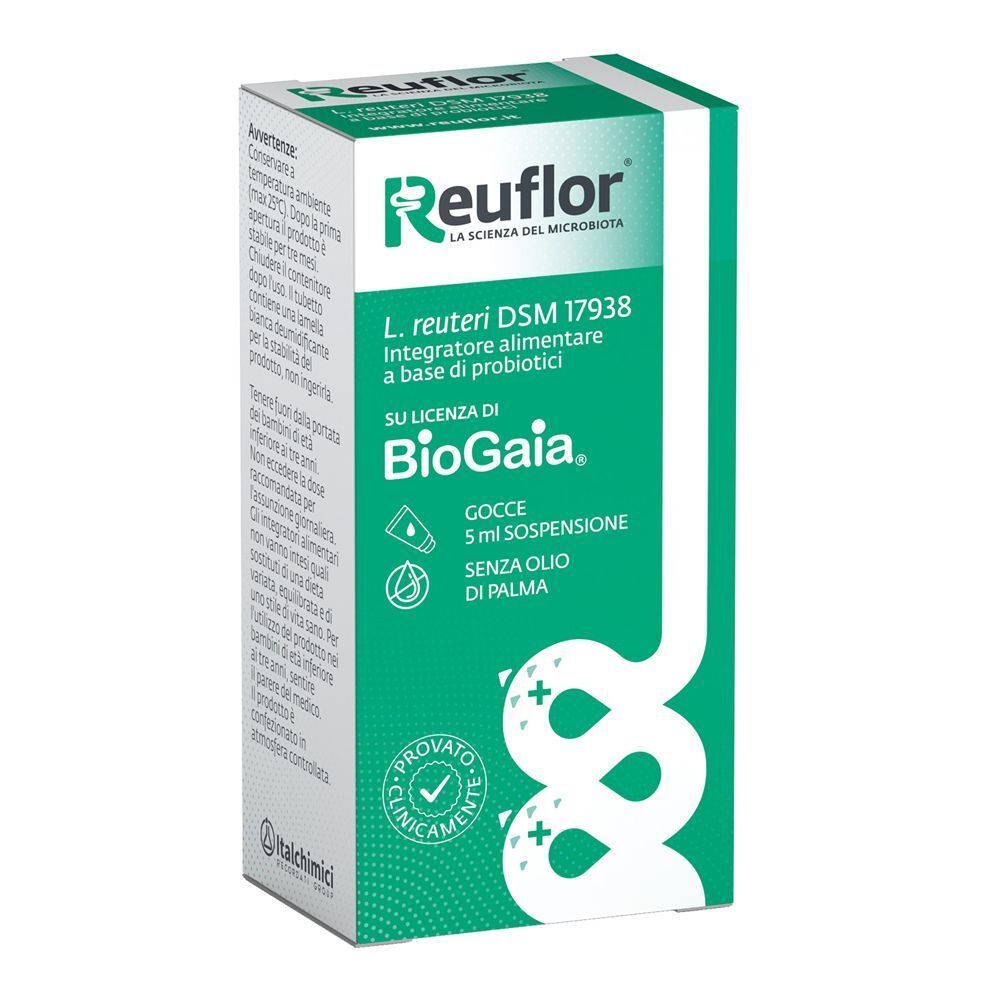 Una confezione di Reuflor Gocce, integratore alimentare probiotico, con sigillo clinicamente testato.