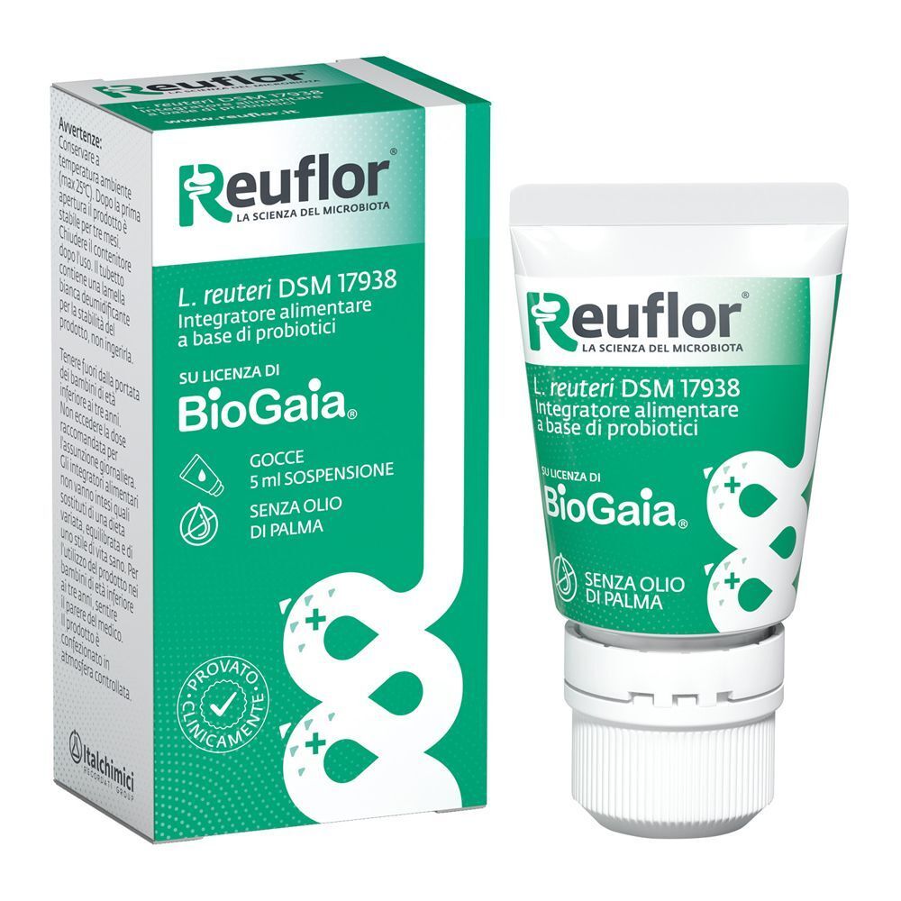 Flacone e confezione di Reuflor Gocce, integratore alimentare probiotico.
