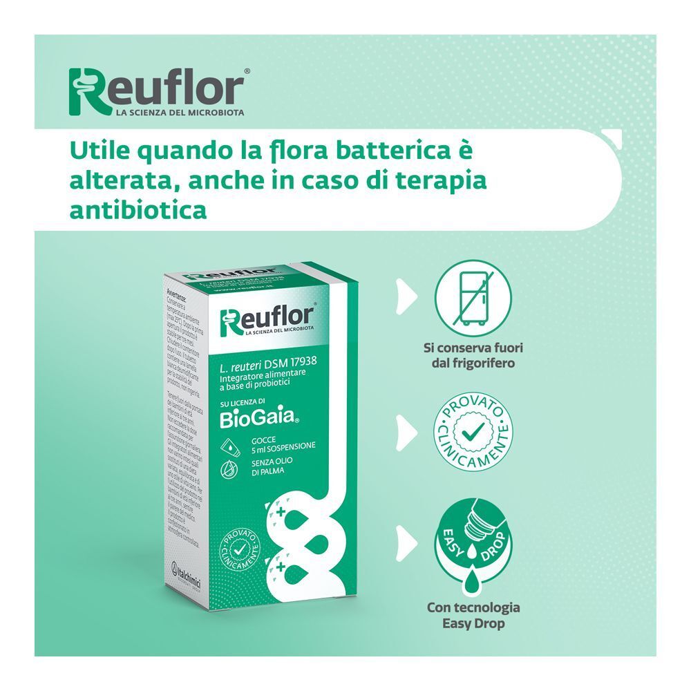 Reuflor Gocce: informazioni su conservazione e uso, integratore alimentare probiotico.