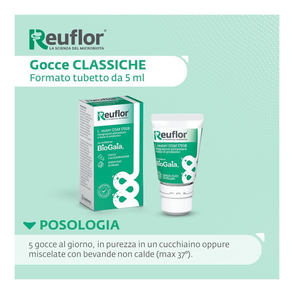 Reuflor Gocce Classiche, formato tubetto da 5 ml, integratore alimentare probiotico.