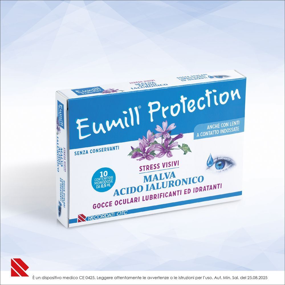 Eumill Protection Gocce oculari: confezione da 10 flaconcini monodose, malva e acido ialuronico.