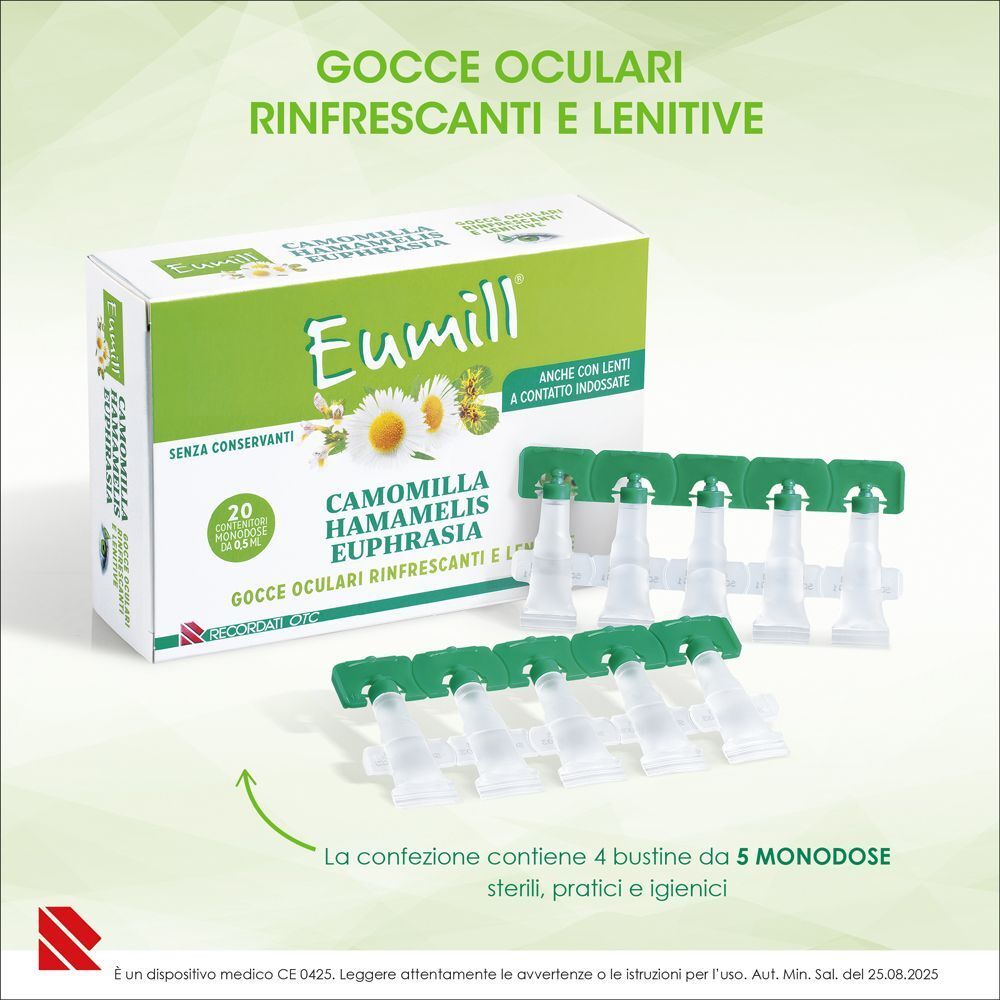 Eumill Gocce Oculari: scatola e 4 blister da 5 monodose, camomilla, hamamelis, euphrasia.