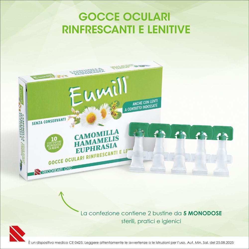 Eumill gocce oculari: 5 flaconcini monodose sterili e una confezione di Camomilla, Hamamelis, Euphrasia.