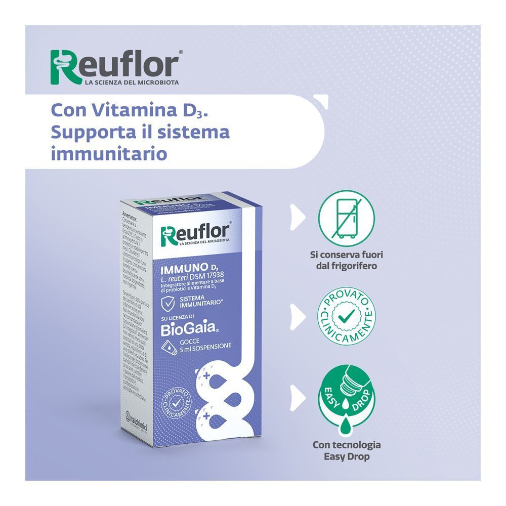 Confezione di Reuflor D3 Gocce con indicazioni su Vitamina D3 e supporto immunitario.