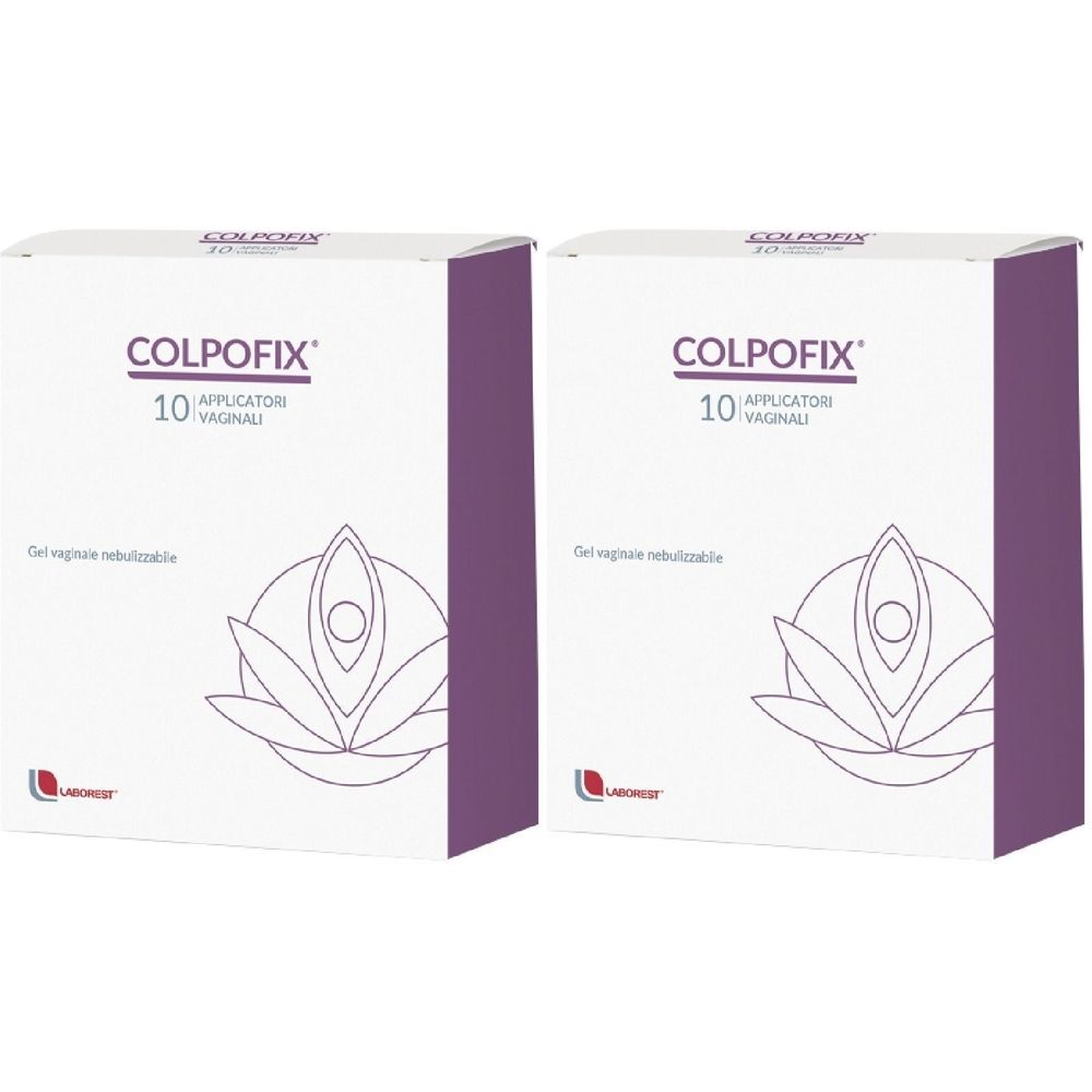 Due scatole bianche con dettagli viola. Scritta: COLPOFIX, 10 applicatori vaginali. Sotto, un'illustrazione e la scritta Gel vaginale nebulizzabile.