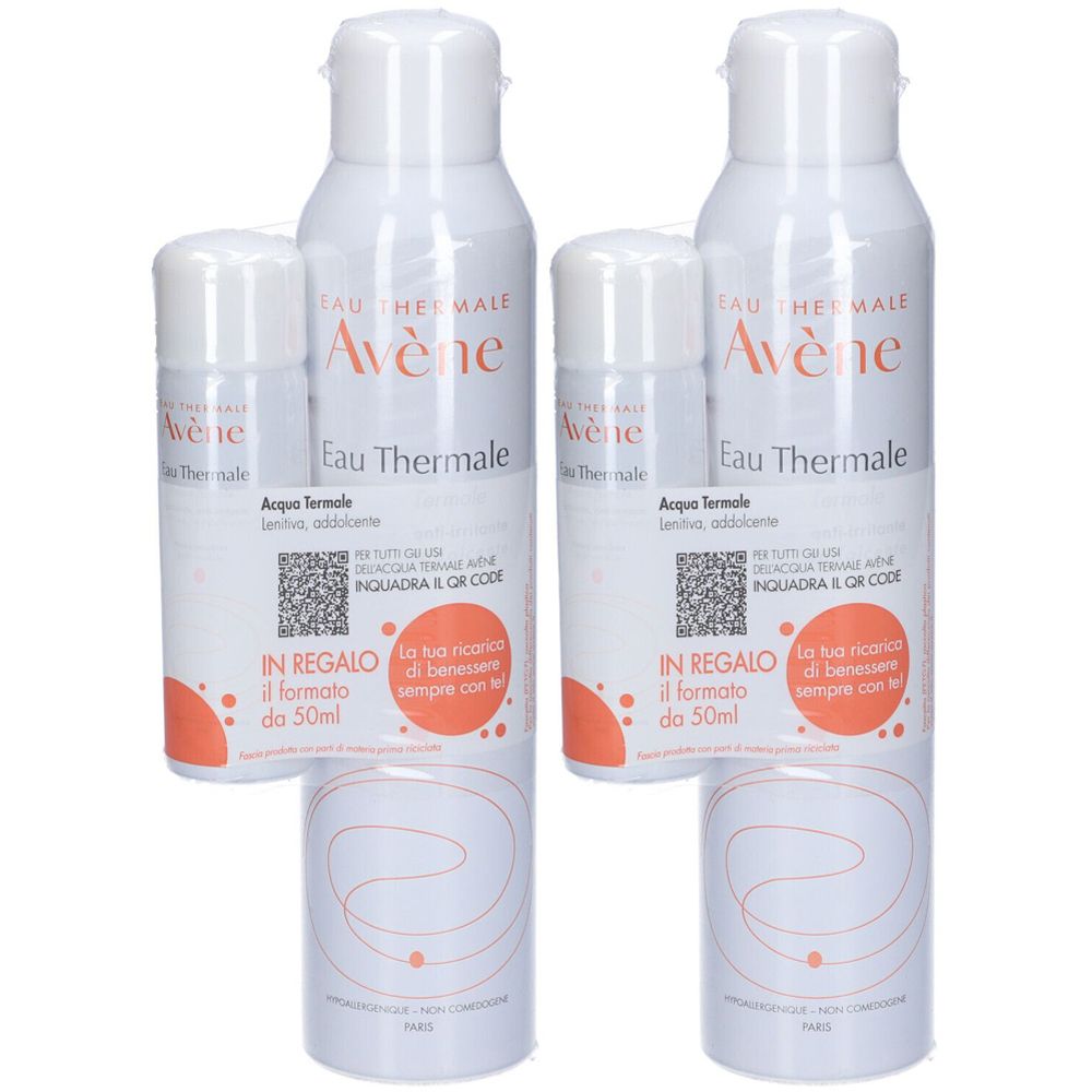 Due set di spray Eau Thermale Avène. Ogni set include un flacone spray grande e uno piccolo. Flaconi bianchi con dettagli arancioni.