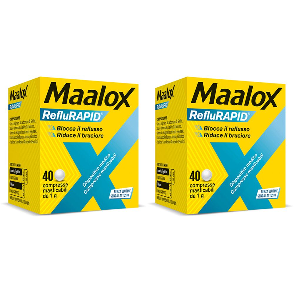 Maalox Reflurapid blocca il reflusso, riduce il bruciore, 40 cpr Set da 2