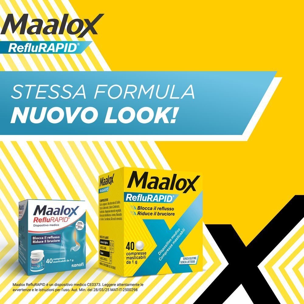 Maalox Reflurapid: confezione e flacone da 40 compresse masticabili. Stessa formula, nuovo look.
