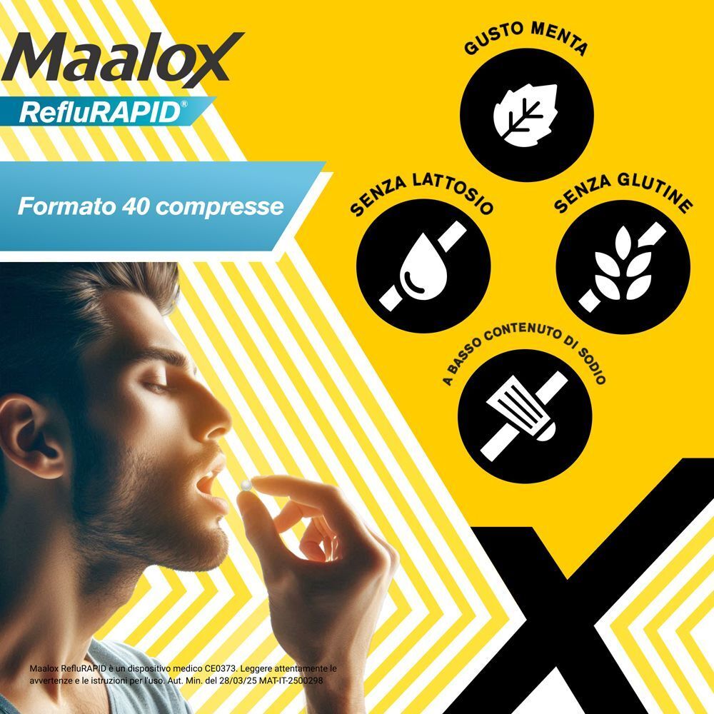Maalox Reflurapid: 40 compresse masticabili. Gusto menta. Senza lattosio, senza glutine, basso contenuto di sodio.