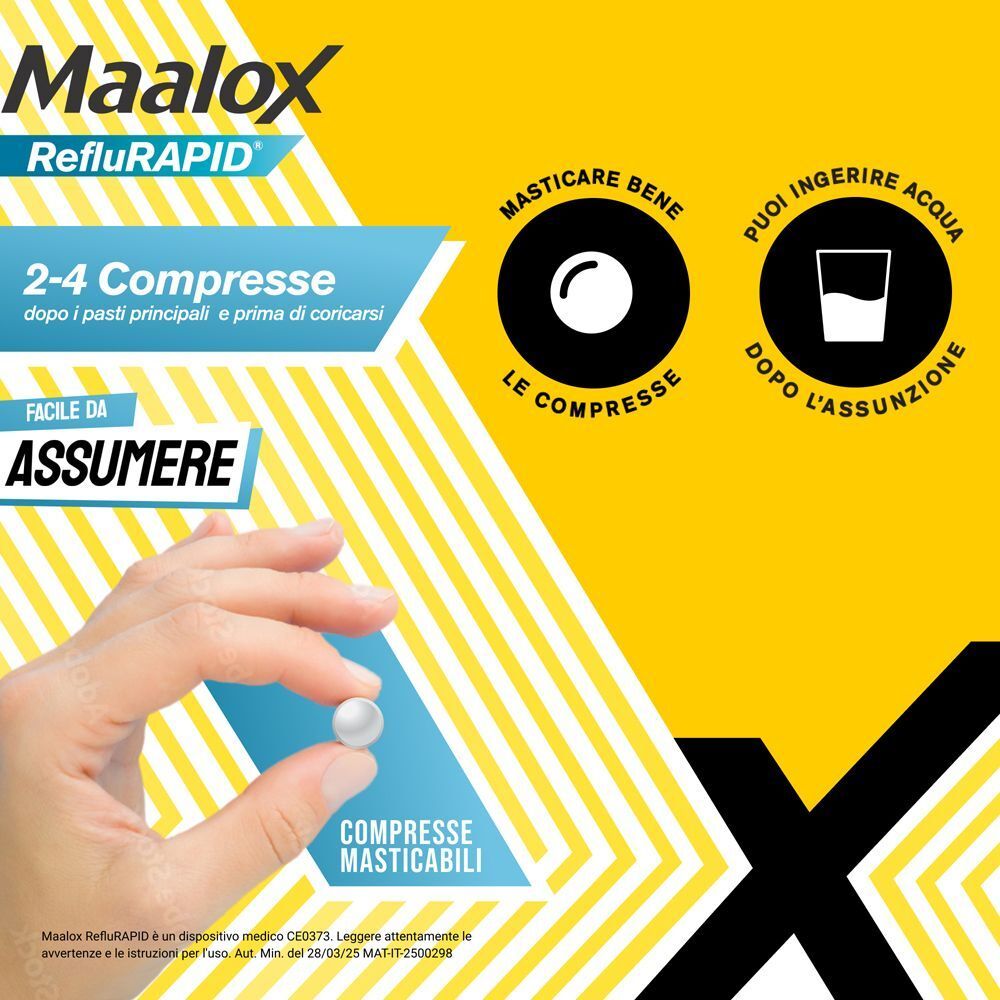Maalox Reflurapid: 2-4 compresse masticabili dopo pasti o prima di coricarsi. Facile da assumere.