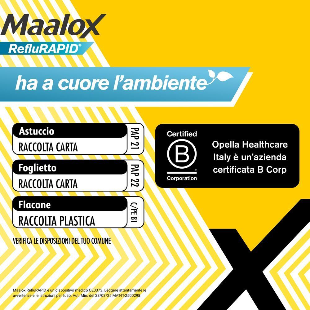 Maalox Reflurapid: astuccio e foglietto in carta, flacone in plastica. Opella Healthcare è certificata B Corp.