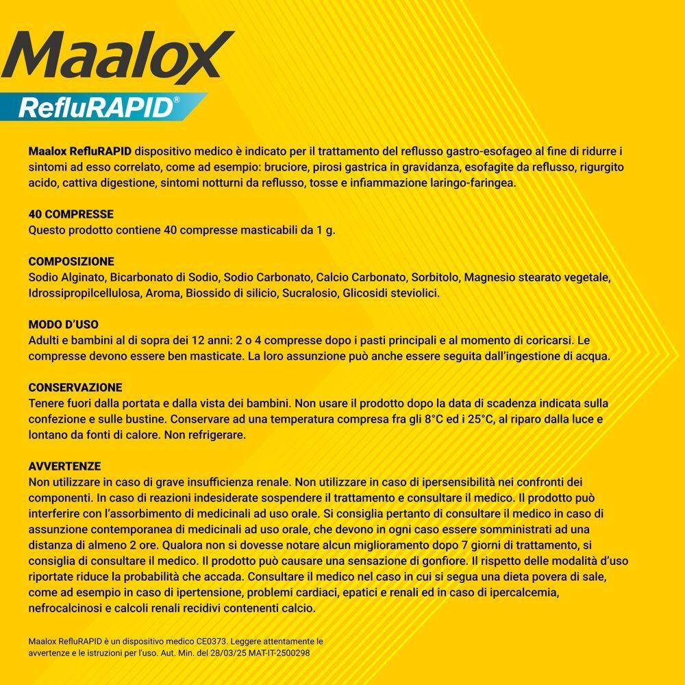Maalox Reflurapid: 40 compresse masticabili. Composizione: Alginato di Sodio, Bicarbonato di Sodio, Carbonato di Calcio, Sorbitolo.