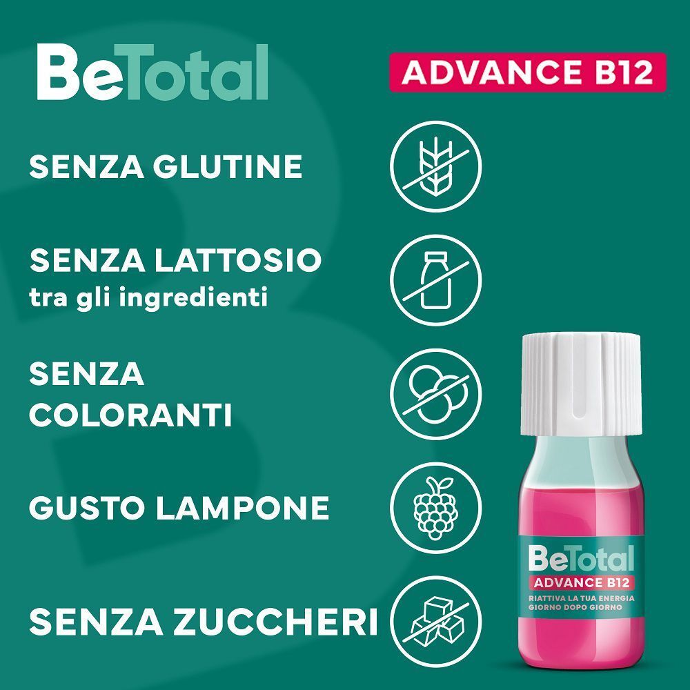 Be-Total Advance B12: Senza glutine, lattosio, coloranti, zuccheri. Gusto lampone. Con flaconcino.
