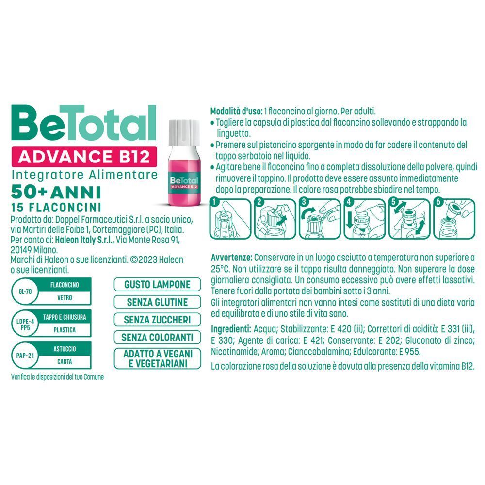Be-Total Advance B12: Retro confezione con istruzioni e ingredienti. 15 flaconcini.