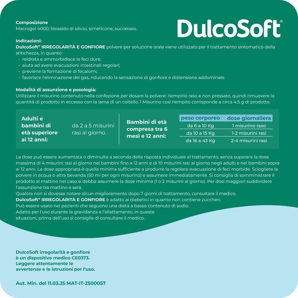 Foglio illustrativo con composizione, indicazioni e dosaggio della polvere Dulcosoft.