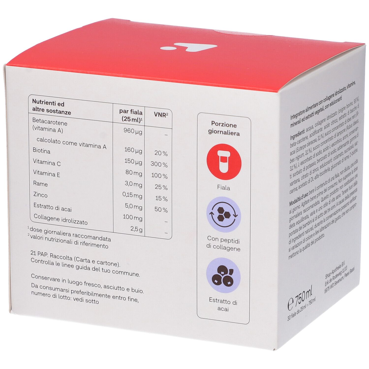 Tabella nutrizionale sulla confezione Redcare Vita Collagene da Bere. Informazioni su vitamine e minerali.