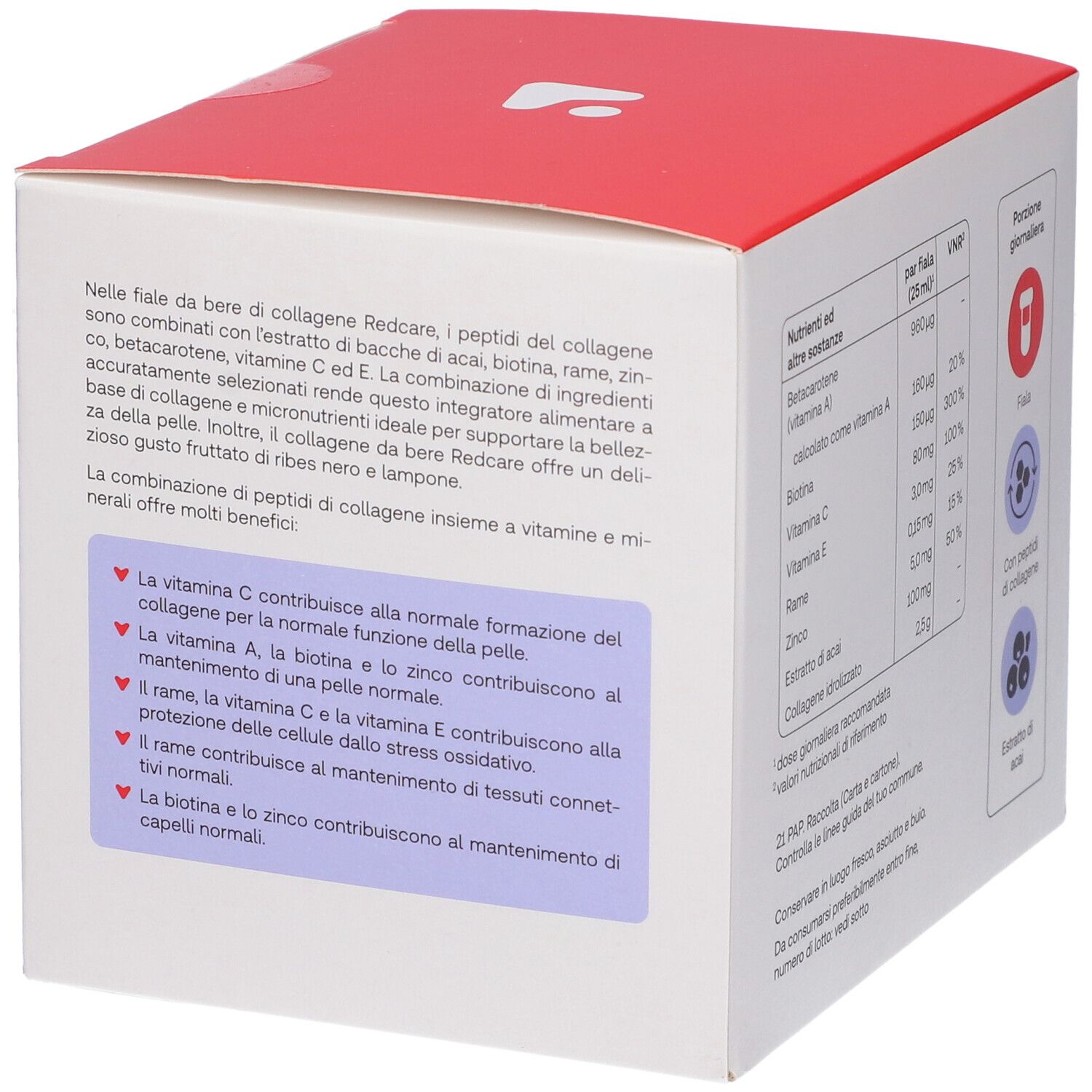 Retro della confezione Redcare Vita Collagene da Bere. Informazioni su ingredienti e benefici.