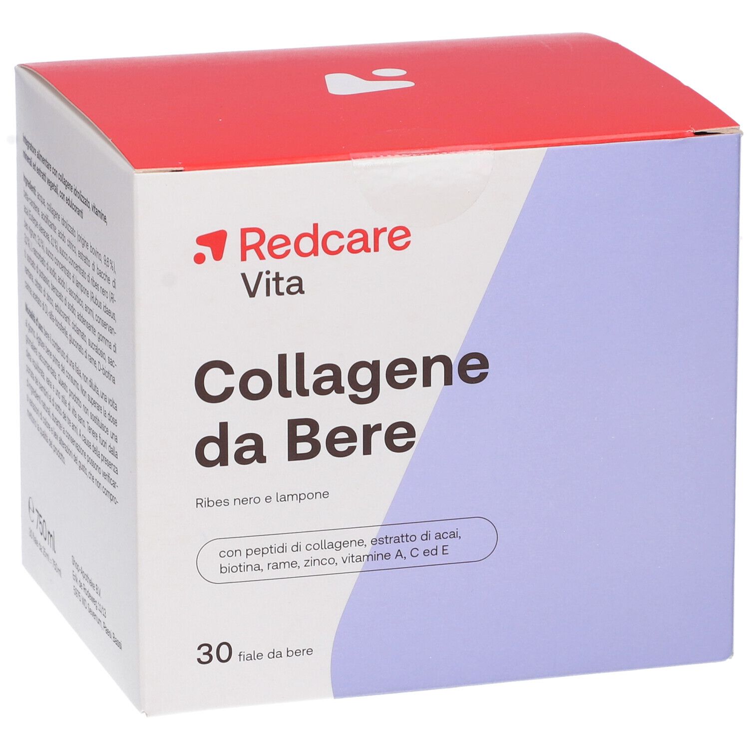 Fronte della confezione Redcare Vita Collagene da Bere. Nome, marchio, ingredienti e numero di fiale.