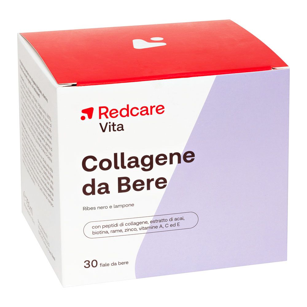 Confezione del prodotto con testo: "Redcare Vita Collagene da Bere". Contiene 30 fiale. Con ingredienti.