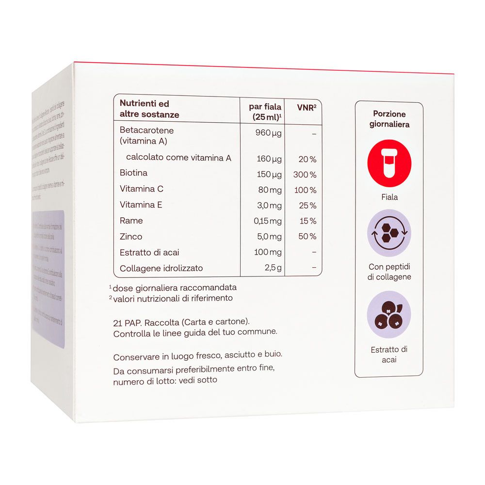 Retro della confezione del prodotto. Informazioni nutrizionali per fiala. Contiene vitamina A, C, E, zinco ed estratto di acai.