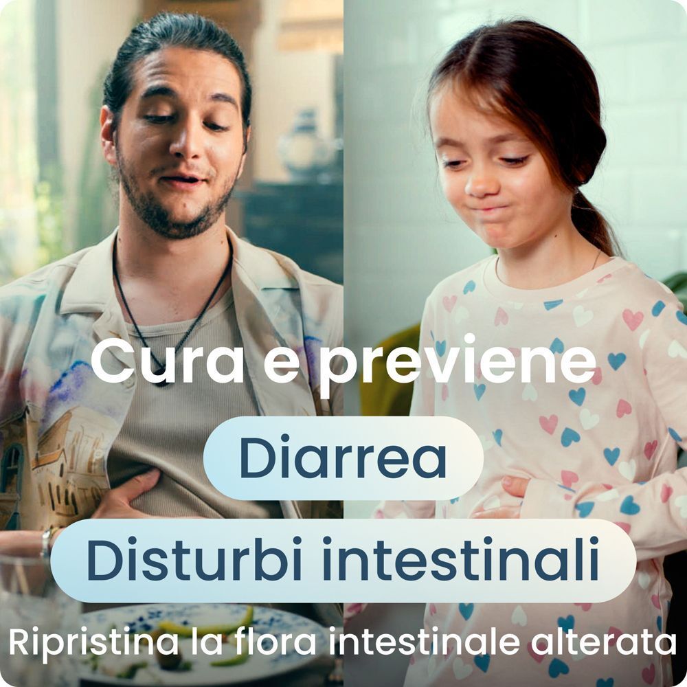Uomo e bambina con dolori addominali, che usano Enterogermina per curare diarrea e disturbi intestinali.