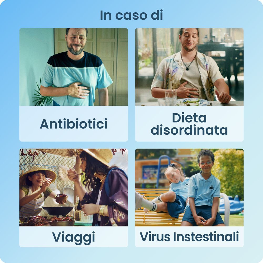 Immagini di situazioni in cui Enterogermina aiuta in caso di diarrea e disturbi intestinali dopo antibiotici, dieta disordinata, viaggi o virus.