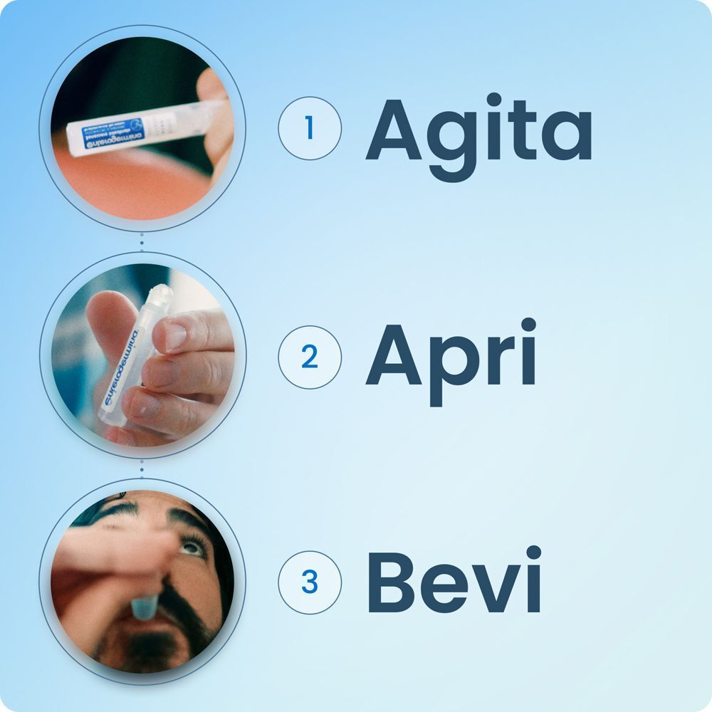 Come usare Enterogermina: 1. Agitare, 2. Aprire, 3. Bere.