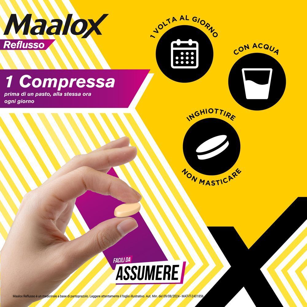 Maalox Reflusso: 1 compressa al giorno, da inghiottire con acqua.