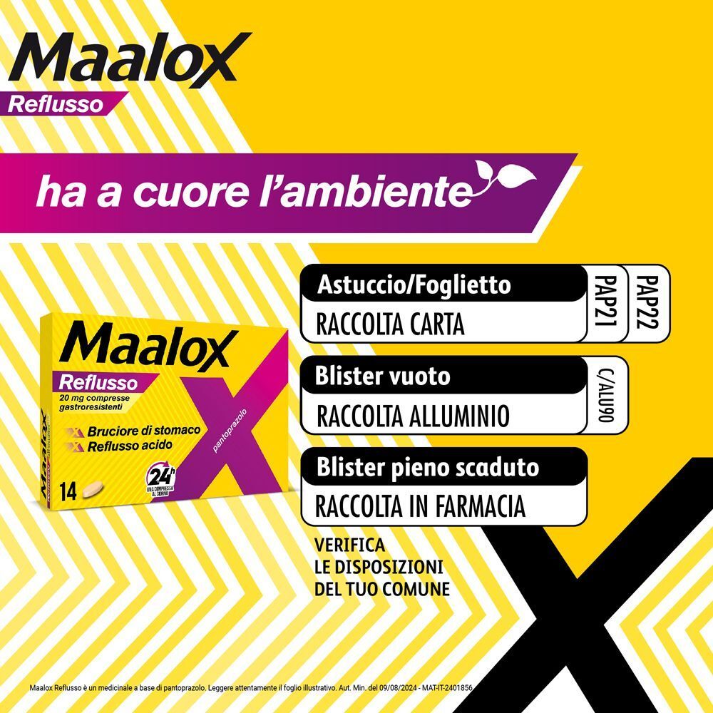 Confezione Maalox Reflusso e indicazioni per la raccolta differenziata.