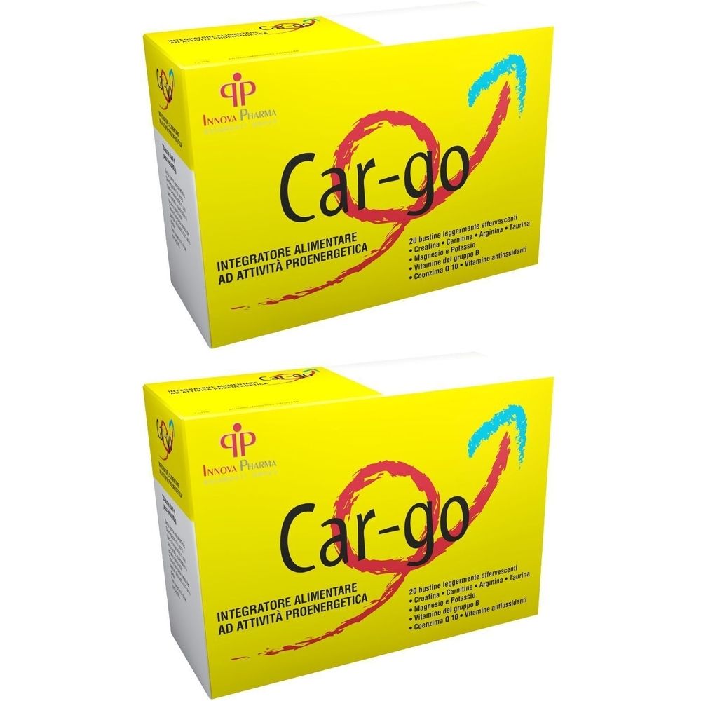 Due scatole gialle "Car-go". Testo: "INTEGRATORE ALIMENTARE AD ATTIVITÀ PROENERGETICA". Logo: Innova Pharma.